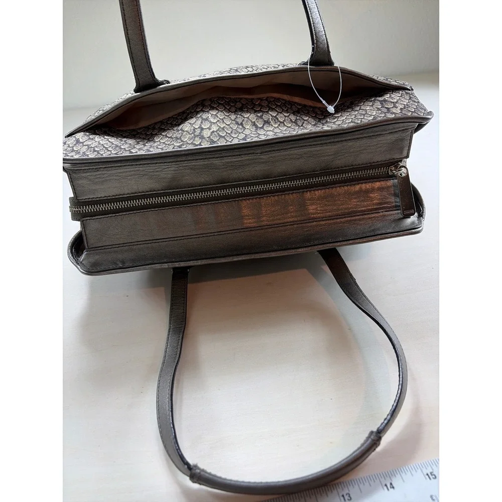Coach Snakeskin Print Canvas Metallic Leather Trim Shoulder Bag Tote Pewter